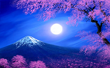 Moonlight, night, blue, white, art, spring, mountain, pink, moon, fantasy, flower, sakura, luna, luminos HD wallpaper