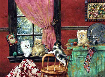 Christmas Kitties, artwork, chair, room, painting, window, cats, santa HD wallpaper