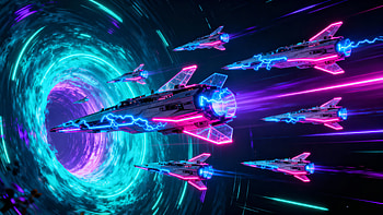 Neon Portal Fleet —, Spaceship, Wormhole, Sci Fi, Neon HD wallpaper
