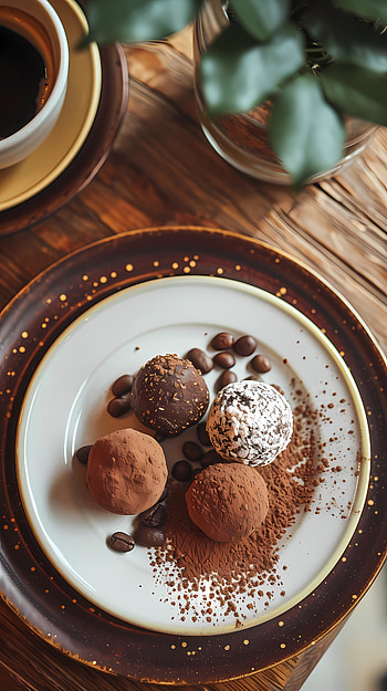 Truffle on a plate with coffee beans, coffee, table HD phone wallpaper