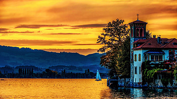 Oberhofen, Lake Thun, Switzerland, tower, trees, clouds, colors, sky, mountains, castle, sunset, alps HD wallpaper