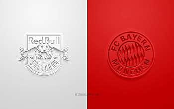 Red Bull Salzburg vs FC Bayern Munich, 2022, UEFA Champions League, Eighth-finals, 3D logos, red white background, Champions League, football match, 2022 Champions League, FC Bayern Munich, Red Bull Salzburg HD wallpaper