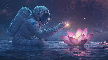 astronaut, lotus, star, water HD wallpaper