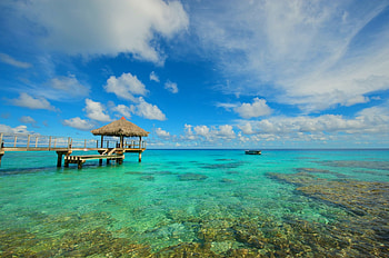 Rangiroa, French Polynesia, island, tropical, paradise, beautiful, walkway, summer, crystal green lagoon, clouds, sky, ocean HD wallpaper