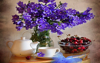 Still life, purple, flowers, cherie, tea cup HD wallpaper