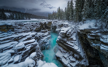 mountain stream, winter, mountain landscape, mountain river, rocks, Alberta, Canada HD wallpaper