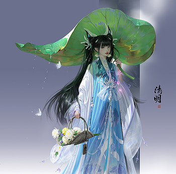Fantasy girl, parasol, girl, leaf, umbrella, blue, rabbit foot, frumusete, art, gorgeous, basket, superb, fantasy, green HD wallpaper