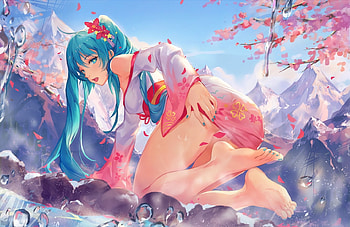Hatsune Miku, winter, blue, cute, long hair, beauty, lady, twintails, mountains, female, skirt, sweet, blue hair, girl, beautiful, tree, anime girl, pink, anime, pretty, sky, flowers, lovely HD wallpaper