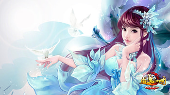 Fantasy girl, happy lakes, blue, frumusete, white, dove, asian, bird, girl, hand, fantasy, luminos, pasari HD wallpaper