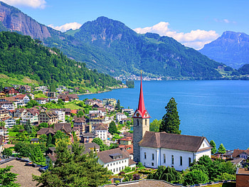 Lake Lucerne Switzerland, Gothic church, Swiss town, Serene lakeside HD wallpaper