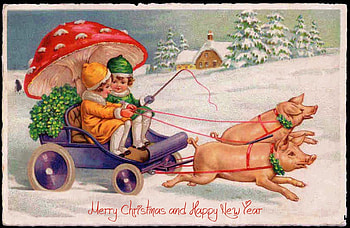:), children, craciun, red, card, mushroom, pig, vintage, copil, christmas HD wallpaper