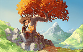 Art, Wood, Cat, Tree, Girl, Rendezvous HD wallpaper