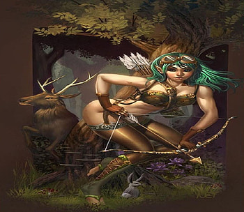 The Hunter, arrows, woods, stag, elf, bow HD wallpaper