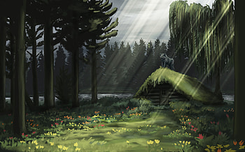 Art, Beams, Rays, Forest, Wolf, Hut HD wallpaper