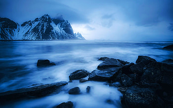 Vestrahorn Mountain, Iceland, sea, clouds, sky, water, rocks HD wallpaper
