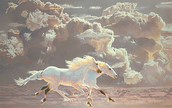 White lightning by Ruo Li, horse, white, running, art, cal, ruoli, fantasy, luminos, ruo li, cloud HD wallpaper