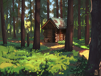 Trees, Art, Forest, Hut HD wallpaper