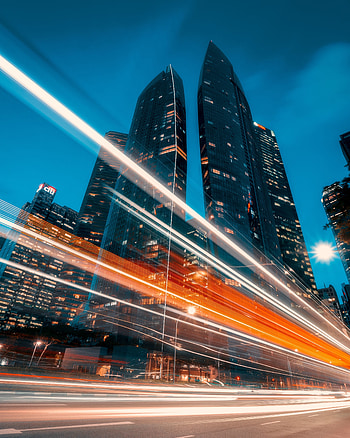 Trail lights, city, buildings HD phone wallpaper