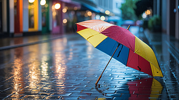Rainy Streetscape with Vibrant Umbrella, rainy weather, umbrella, rain, street HD wallpaper