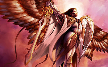 Angel, wings, pink, sword, fantasy, girl, woman HD wallpaper
