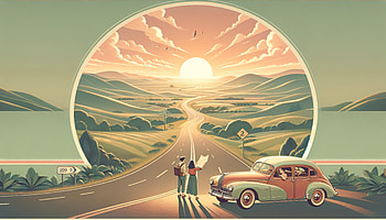Sunset Road Trip Adventure, Road Trip, classic car, couple, landscape HD wallpaper