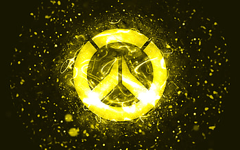 Overwatch yellow logo, , yellow neon lights, creative, yellow abstract background, Overwatch logo, online games, Overwatch HD wallpaper
