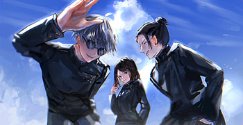 Jujutsu Kaisen: Gojo, Geto & Shoko Three Sorcerers: Gojo · Geto · Shoko, Suguru Geto, Shoko Ieiri, Satoru Gojo, Anime, Jujutsu Kaisen, Gojo & Geto HD wallpaper