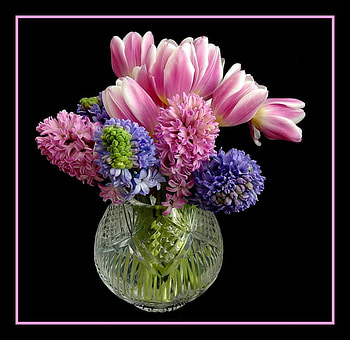 Flowers Vase for Anca Simona, blue, art , still life, glass vase, pink, beautiful, flowers, water HD wallpaper