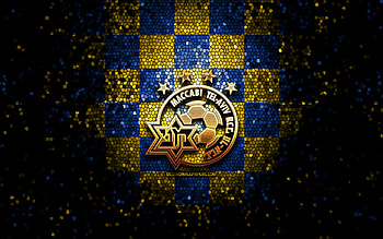Maccabi Tel Aviv FC, glitter logo, Ligat ha Al, yellow blue checkered background, soccer, Israeli football club, Maccabi Tel Aviv logo, mosaic art, football, Maccabi Tel Aviv, Israel HD wallpaper
