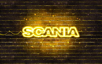Scania yellow logo, , yellow brickwall, Scania logo, brands, Scania neon logo, Scania HD wallpaper