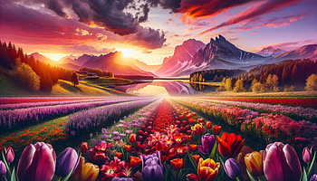 Breathtaking Tulip Fields, tulip, mountain, flower, landscape HD wallpaper