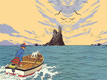 L'Ile Noire, dog, milou, cartoon, colored, seagull, cartoons, ile, castle, ocean, sea, snowy, herge, comic, france, cool, funny, tintin HD wallpaper