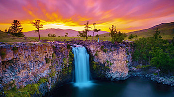 Orkhon Valley, Mongolia, river, trees, clouds, waterfall, colors, sky, mountains, sun HD wallpaper