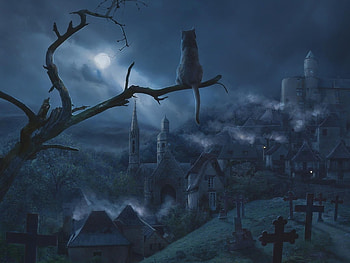 Halloween, luna, cat, graveyard, dark, night, annewipf, pisici, moon, annewiof, silhouette HD wallpaper