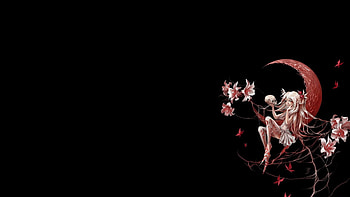Moon fairy, fairy, black, moon, fantasy, flower, red, luna, girl HD wallpaper