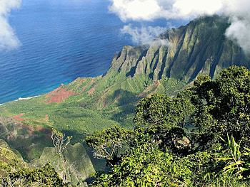 Napali Coast, Kauai, island, sea, hills, vegetation, usa, state, clouds, trees, mountains, garden isle, ocean HD wallpaper