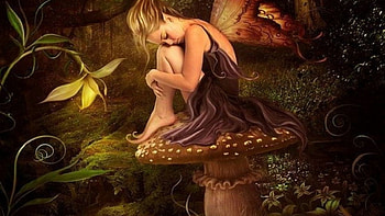 Sad Fairy, fairy, trees, wings, mushrooms HD wallpaper