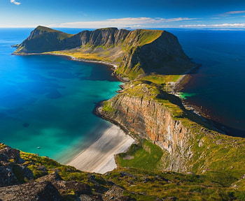 Lofoten Islands, sea, blue sky, island, summer, Norway, beautiful, cliff, beach HD wallpaper