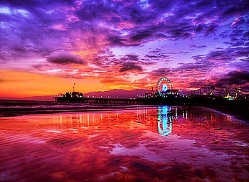 Carnival at sunset, blue, carnival, orange and red sky, ferris wheel, reflections, lights, clouds, water, oceanside, sunset HD wallpaper