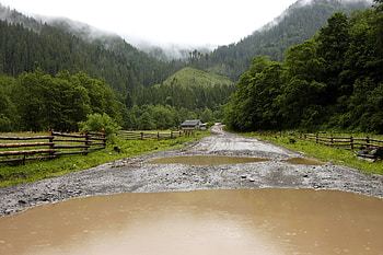 Nature, Mountains, Rain, Road, Small House, Lodge, Country, Ukraine, Puddles, Countryside, Carpathians, Bumps HD wallpaper