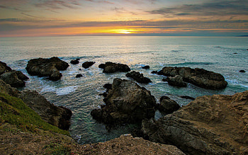 Landscape, Nature, Sunset, Grass, Sky, Sea, Sun, Rocks, Horizon, Shore, Bank, Evening, View, Reefs, Emptiness, Void HD wallpaper