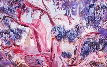 blue, pink, model, wisteria, flower, girl, woman HD wallpaper