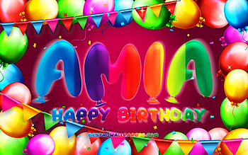Happy Birtay Amia, , colorful balloon frame, Amia name, purple background, Amia Happy Birtay, Amia Birtay, popular american female names, Birtay concept, Amia HD wallpaper