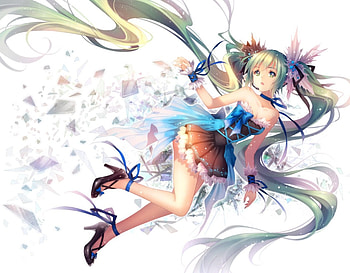Vocaloid, blue, cute, ribbons, long hair, dress, beauty, lady, heels, female, sweet, art, soft, girl, aqua, beautiful, multicolor, woman, purple, pink, anime, pretty, green, lovely HD wallpaper