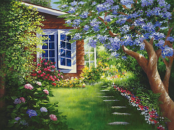 Maureen Pierce - Morning Glory, blue, sunshine, painting, art, house, maureen pierce, flowers, morning glory HD wallpaper