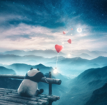 :), heart, panda, night, anttoni salminen, blue, valentine, bear, moon, fantasy, luna, balloon, luminos HD wallpaper