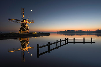 Windmill, sky, water, reflection HD wallpaper