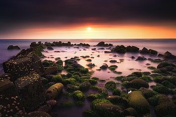 Nature, Sunset, Stones, Horizon, Moss HD wallpaper