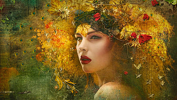 Lady of Fall, blossoms, digital, feathers, autumn, colors, face, girl, peacock HD wallpaper