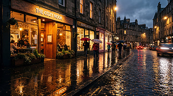 — Rainy Reflection on Cozy Cobblestone Night, Umbrella, Cafe HD wallpaper
